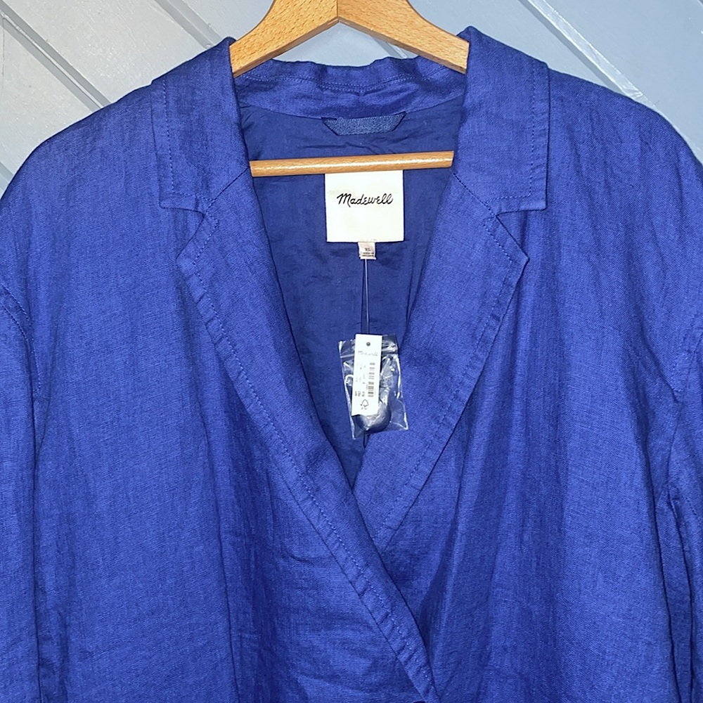Madewell Linen Double Breasted Blue Crossover Blazer - Picture 11 of 11